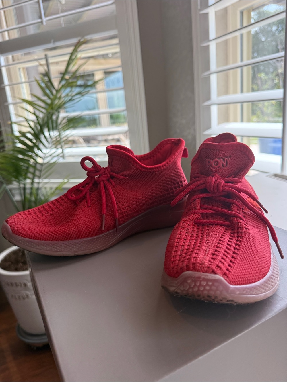 PONY Red Knit Lace-Up Athletic Sneakers